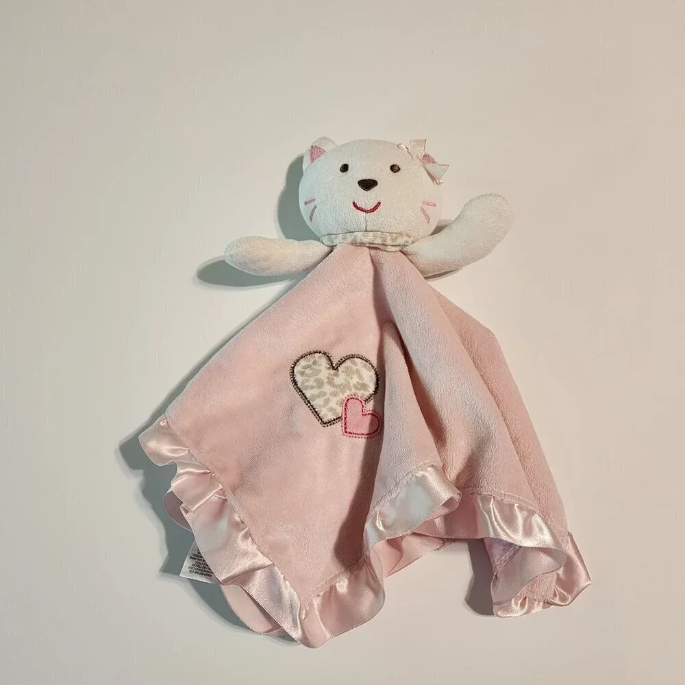 Carter's pink kitty cat plush lovey security blanket satin trim hearts rattle